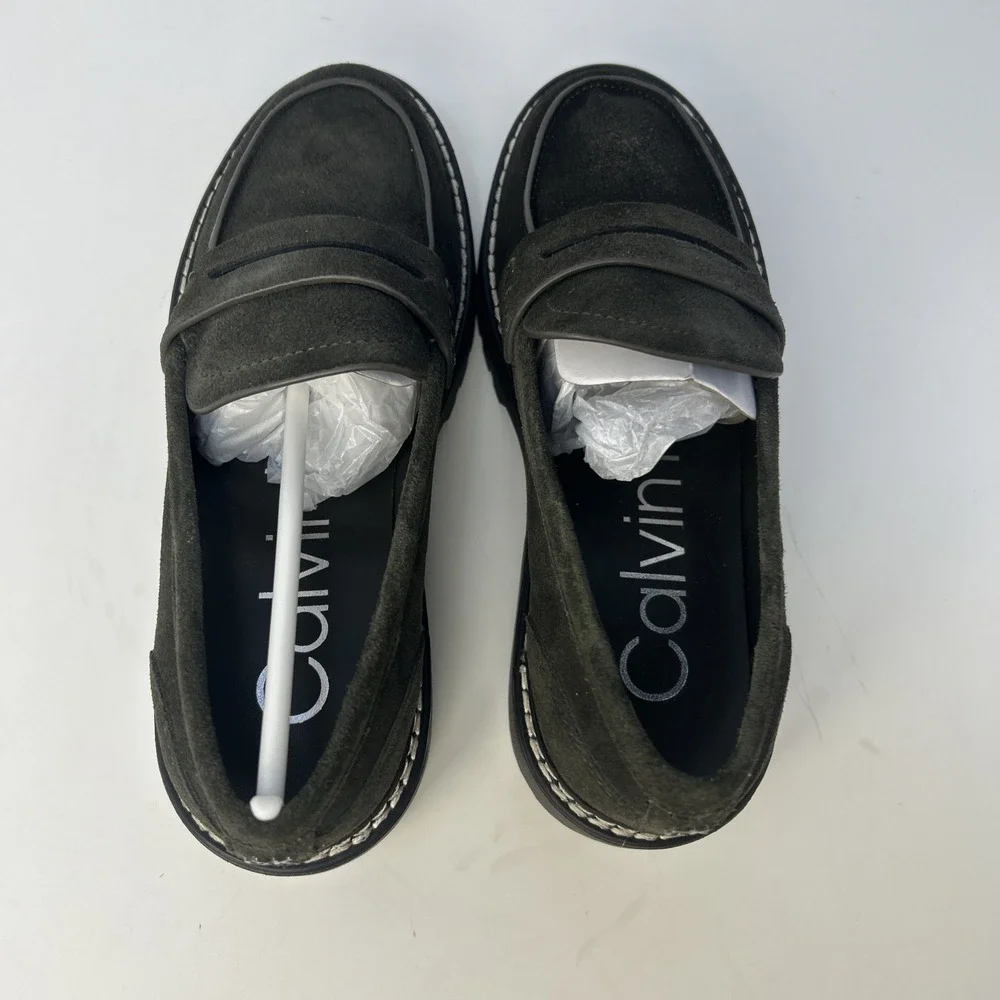 Calvin Klein Suzie Women's Penny Loafers Suede Lug Sole Dark Green Size 6M NIB